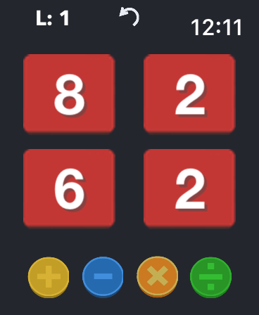 Interface of the 24 mathematical puzzle game on Apple Watch showing numbers and operator buttons.