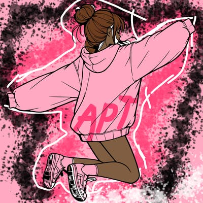realistic girl jumping with a bun and oversized sweatshirt