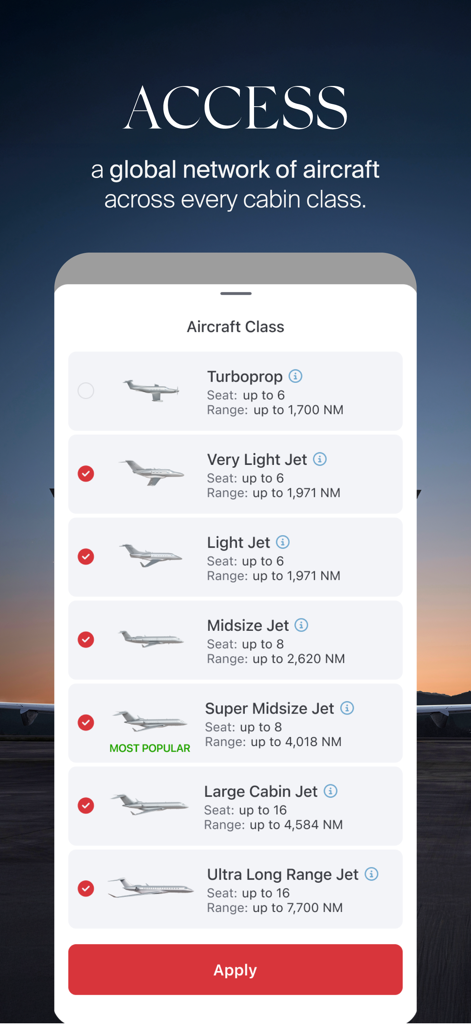 Interfaccia dell'app mobile XO che visualizza una varietà di classi di aeromobili per jet privati e le loro specifiche