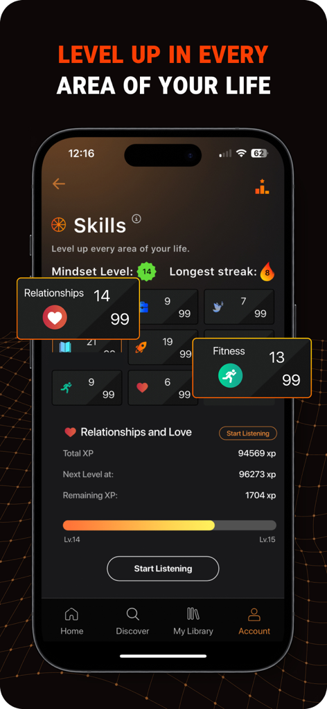 Mindset: Daily Motivation App - A mobile app interface showing gamified skill tracking for self-improvement areas like fitness and relationships with levels and XP progress bars.
