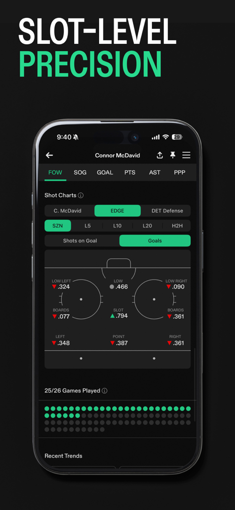 Props Cash app interface displaying Connor McDavid NHL player shot chart and goal statistics