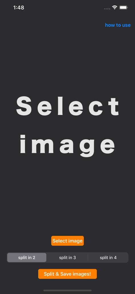 TweetSplit 앱의 인터페이스로, 이미지를 2, 3 또는 4개 부분으로 분할하는 옵션이 있는 이미지 선택 화면을 보여줍니다.