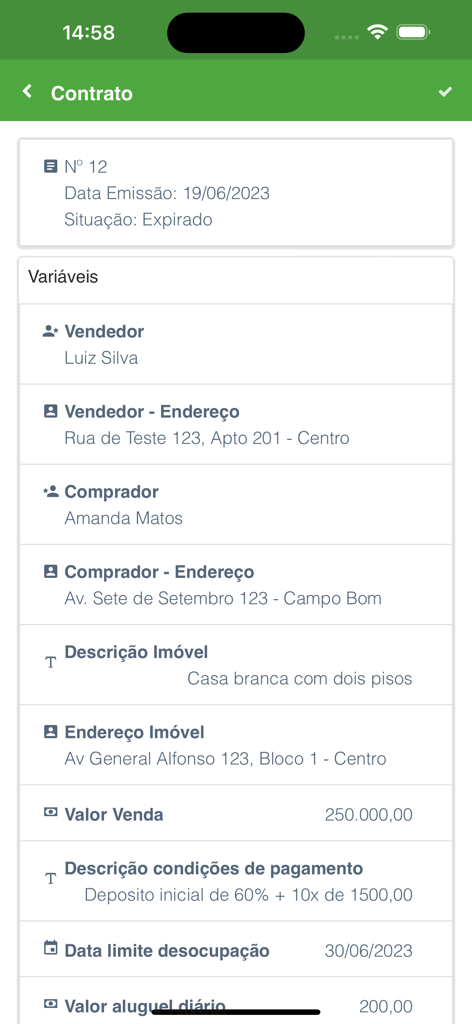 Interface do aplicativo Gerador Contratos exibindo detalhes de um contrato de venda de imóvel com campos para vendedor, comprador e descrição do bem.