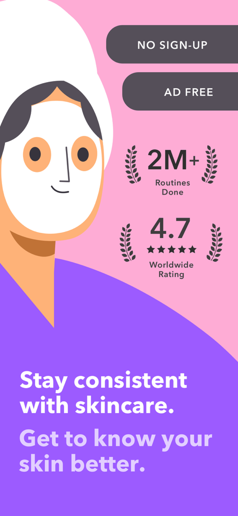 Skincare Routine: BasicBeauty - Skincare Routine BasicBeauty app splash screen showing two million routines completed and high user ratings
