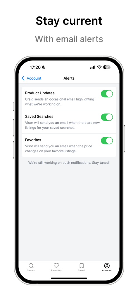 Visor - Smarter Car Search - Interface of Visor app showing notification settings for saved searches and price changes