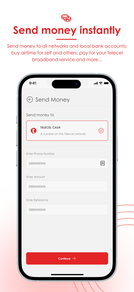 Telecel Play (Ghana) - Interface of the Telecel Play app showing the send money feature for Telecel Cash in Ghana.