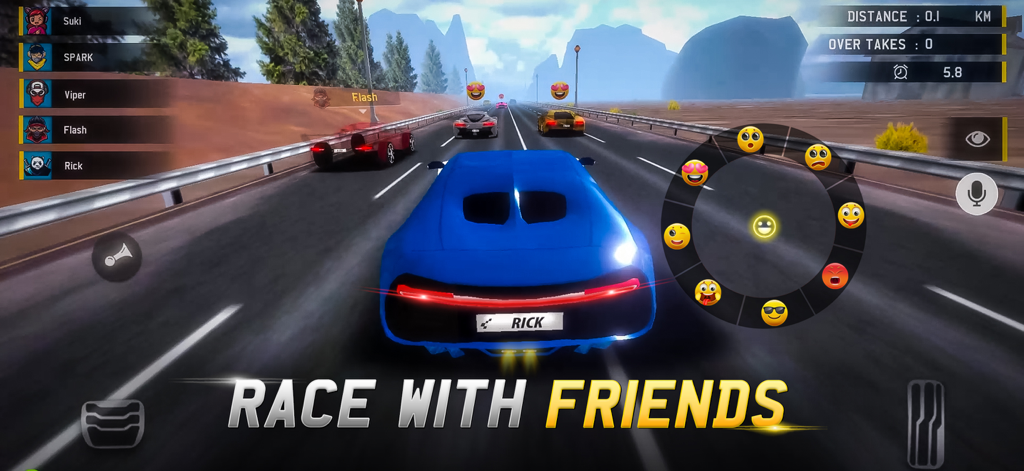 MR RACER - A blue supercar racing on a highway with other players in MR RACER multiplayer mode featuring an emoji wheel and leaderboard.