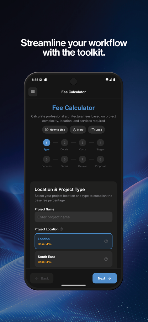 ArchAdemia app interface for calculating professional architectural fees based on project type and location.