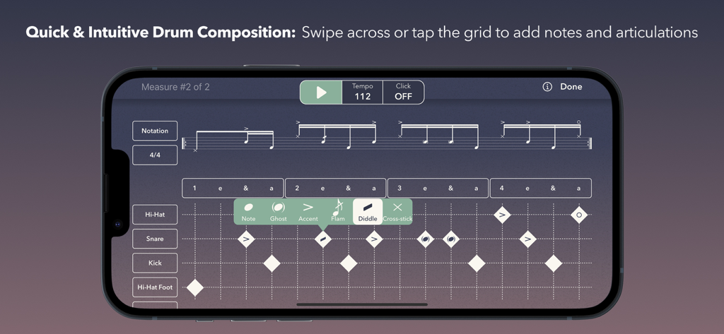 Pantalla de smartphone mostrando notación de batería y una cuadrícula de secuenciador de ritmos táctil