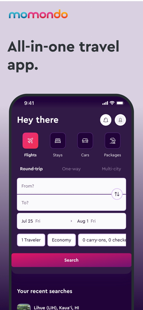 Eine mobile Benutzeroberfläche für die momondo Reise-App, die Flugsuche-Optionen und Kategorien für Aufenthalte, Autos und Pakete anzeigt.