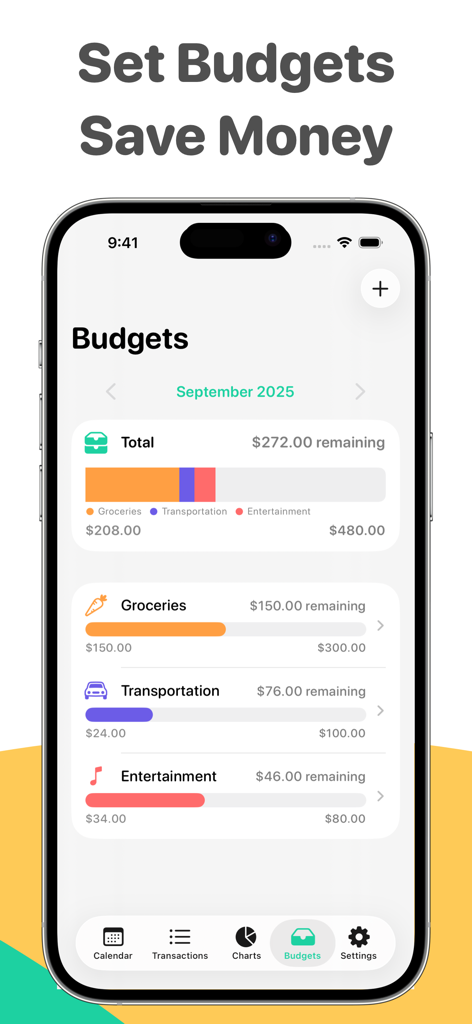 Budget Calendar: Simple Money - Budget Calendar app screen showing category spending limits and progress bars