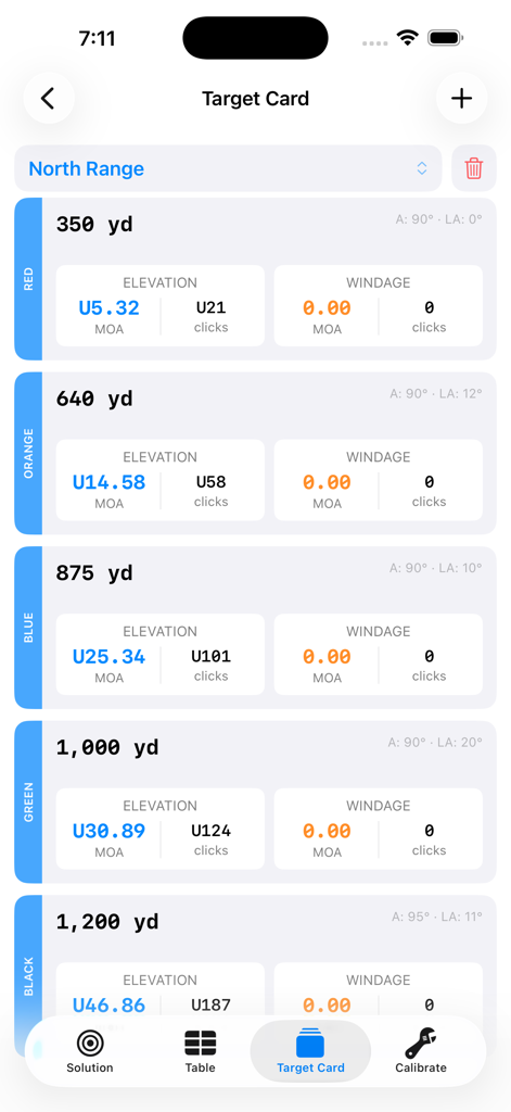 Target card screen in the Shooter app displaying elevation and windage solutions for multiple long range distances from 350 to 1200 yards