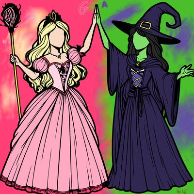 detailed realistic split of a princess and a witch