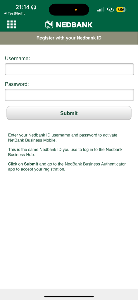 Nedbank AppSuite registration screen with username and password input fields for business banking