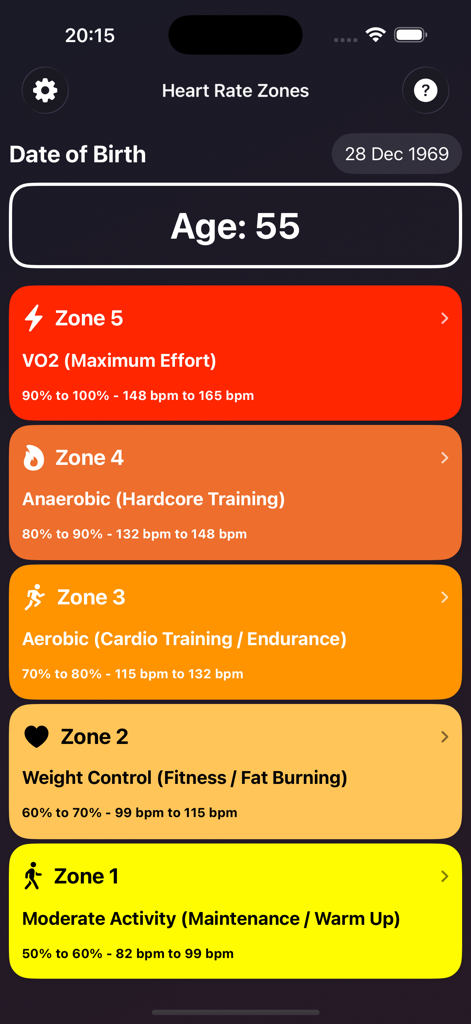 Interface of HRZones app showing five personalized and color-coded heart rate training zones with BPM ranges for a 55-year-old user.