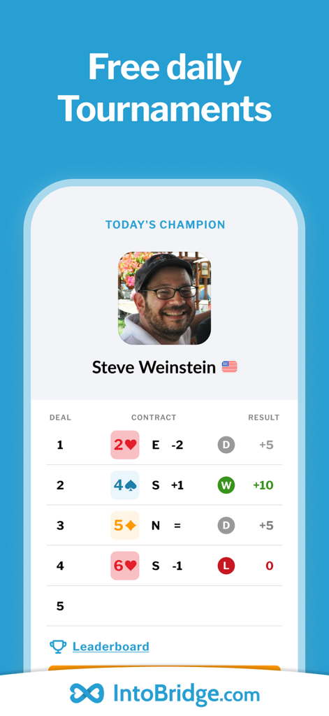 IntoBridge - IntoBridge app screenshot showing free daily tournaments and the current champion with bridge hand results
