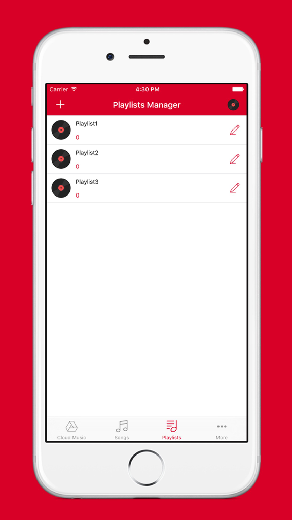 Pantalla del gestor de listas de reproducción en la aplicación Cloud Music que muestra una lista de listas de reproducción de música del usuario en un iPhone.