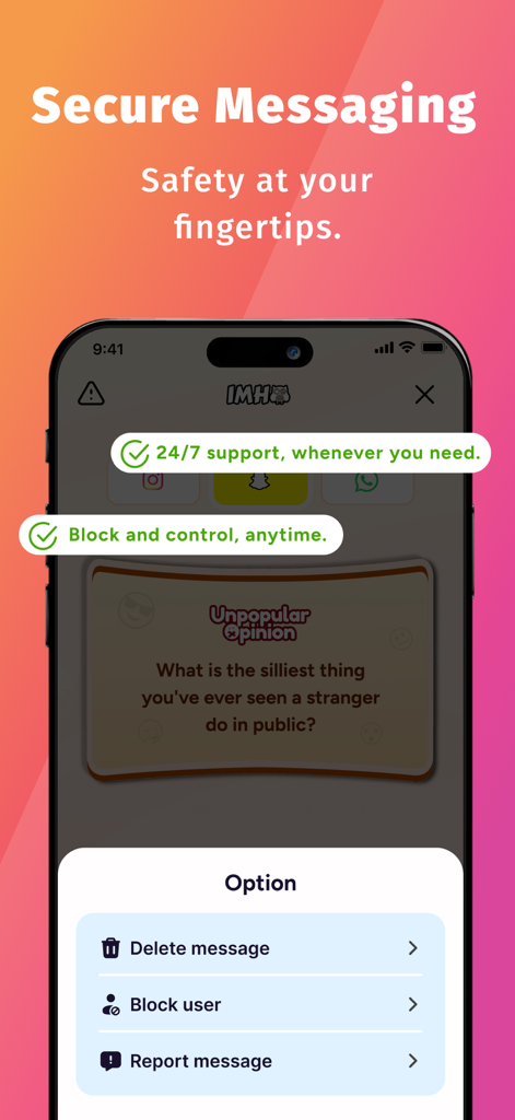 IMHO™: Honest Q&A with friends - Pantalla de la aplicación IMHO que ilustra opciones de mensajería segura, incluido el bloqueo e informe de usuarios
