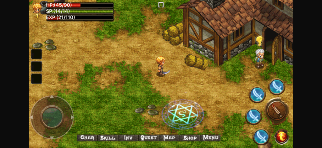 Capture d'écran du gameplay RPG d'action d'Arcuz Behind the Dark avec un héros et un PNJ dans un village.