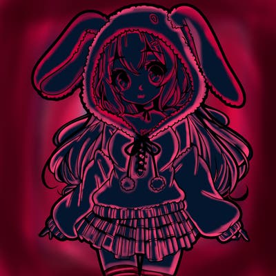 pretty anime girl wearing a fluffy hoodie with bunny ears on the hood and a skirt