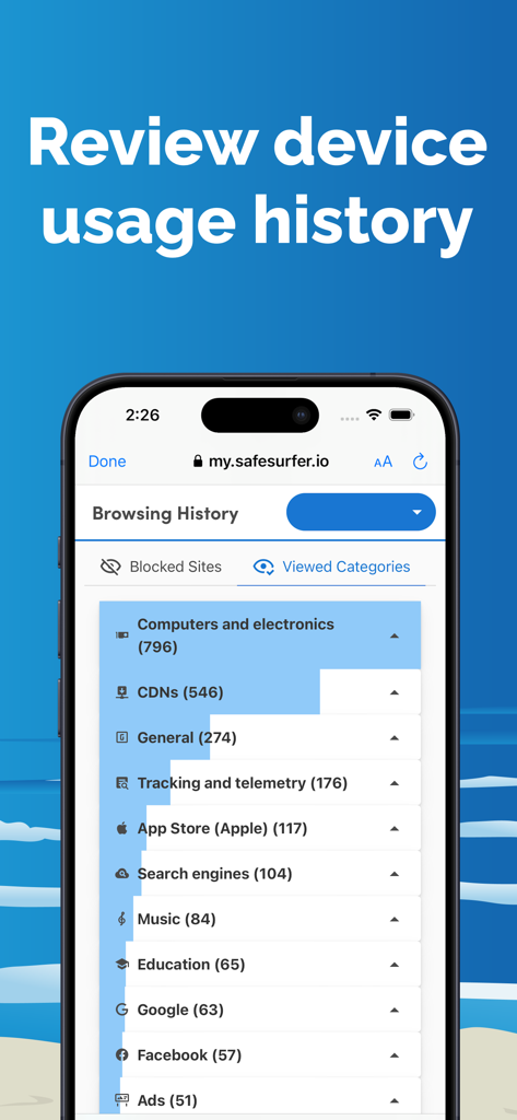 Safe Surfer - Safe Surfer app showing device browsing history and viewed website categories