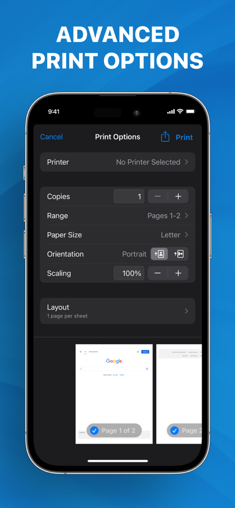 Advanced print options menu on the Smart Printer App showing settings for copies paper size and orientation