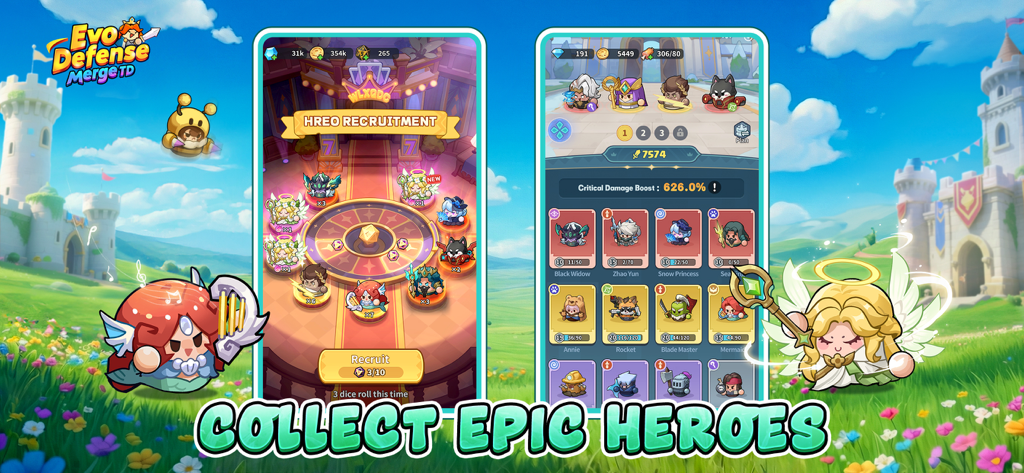 Evo Defense: Merge TD - Two mobile screens from Evo Defense Merge TD showing hero recruitment and character collection screens with the text Collect Epic Heroes