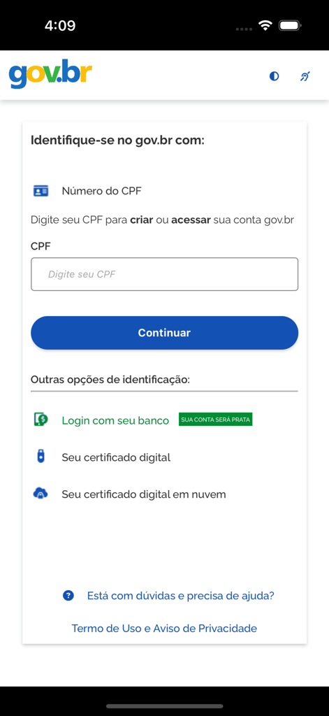 Interface de connexion Gov.br dans l'application Detran GO ON pour l'authentification du CPF.
