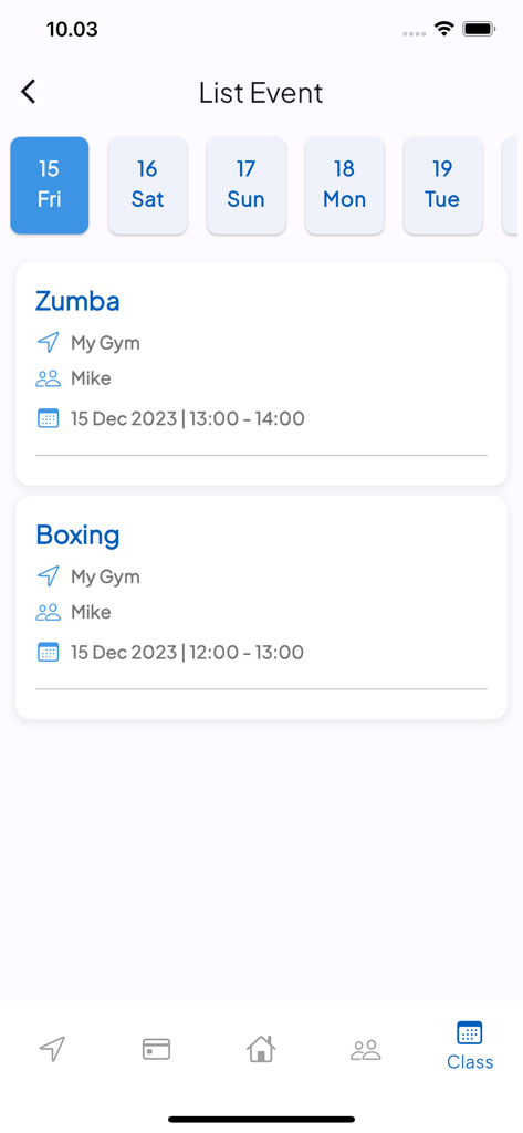 Class schedule screen in Sangtum Fitness app showing daily workouts like Zumba and Boxing