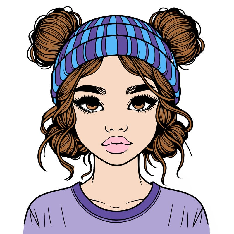 realistic girl with buns in her hair with a beanie on