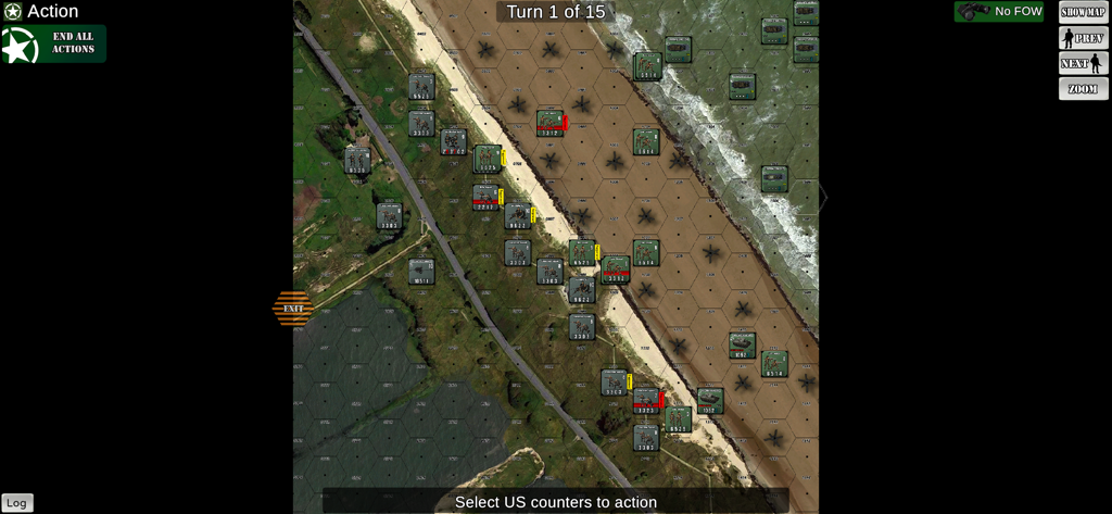 Skirmish 1944 - Top down gameplay of Skirmish 1944 showing US military counters on a hex map during a Normandy beach landing