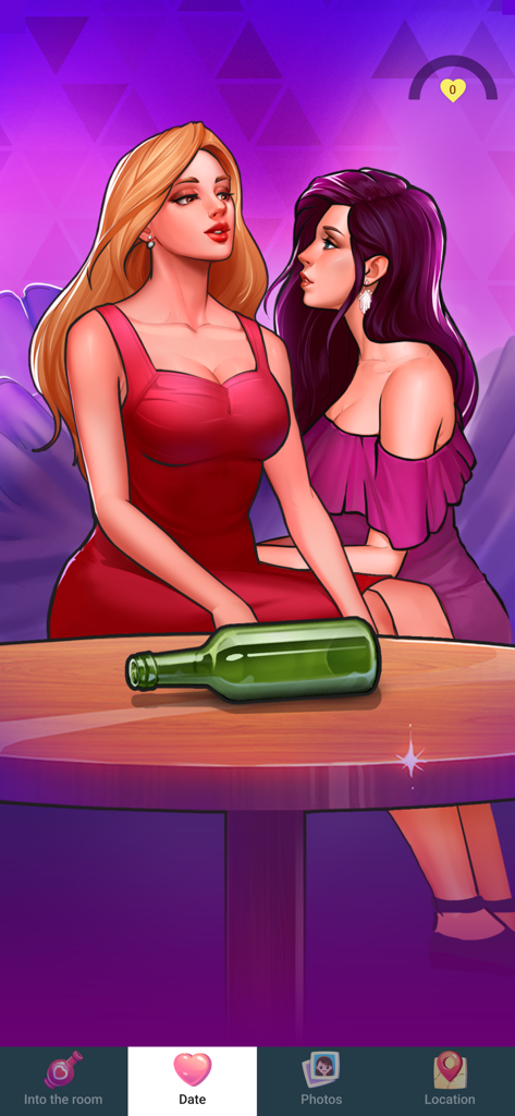 Dos avatares femeninos en una interfaz de juego social de girar la botella.