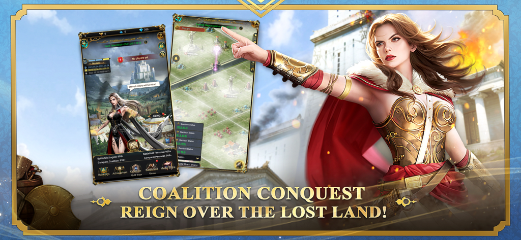 Game of Sultans - A female warrior in golden armor points toward a strategy map in the Game of Sultans Coalition Conquest mode