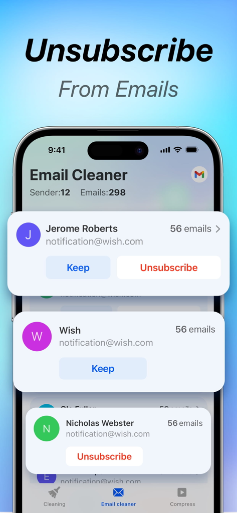Storage Cleaner: Clean Mate - Interface of the Clean Mate app showing the email unsubscribe feature to help organize and clear inbox clutter