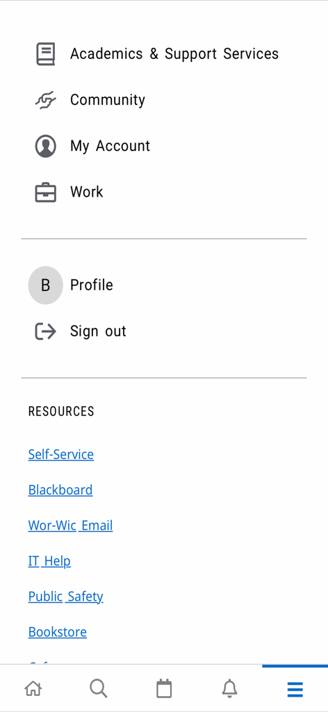 Wor-Wic Mobile - Menu de navegação do aplicativo Wor-Wic Mobile mostrando links para recursos acadêmicos para estudantes e configurações de conta
