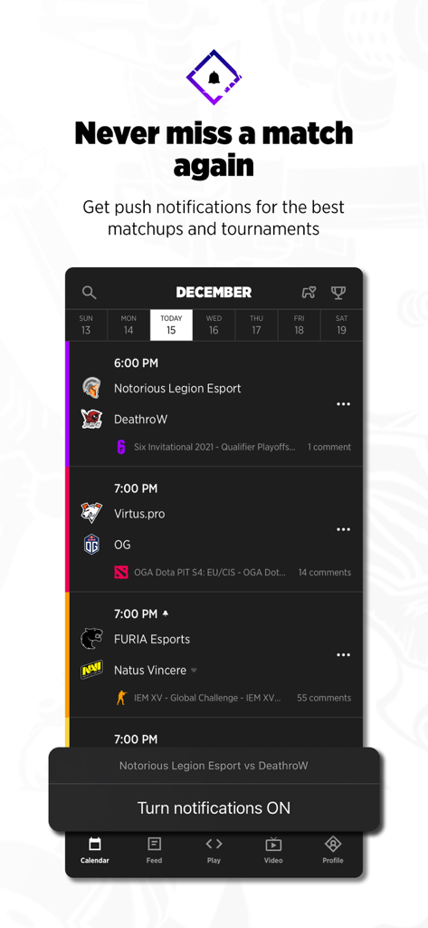 Strafe Esports - Strafe Esports mobile app interface showing a professional gaming match schedule and push notification options