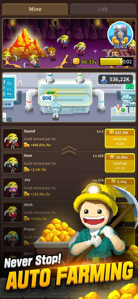 A screenshot of Videogame Guardians showing the auto farming mine and laboratory with retro pixel art graphics