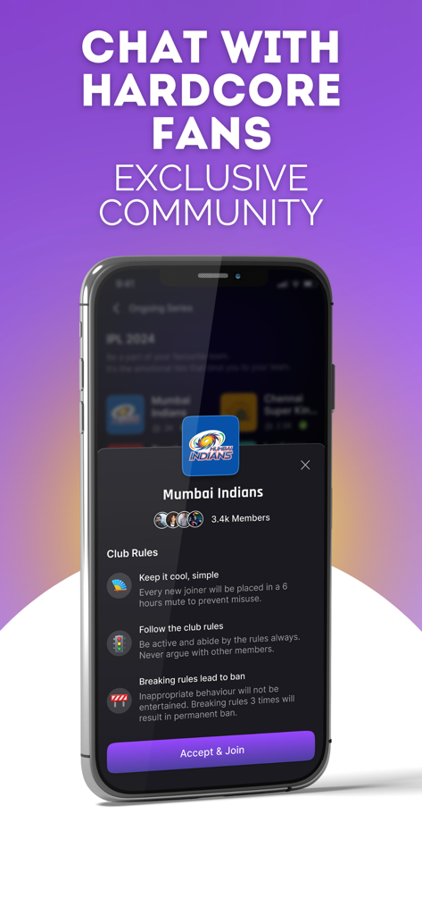 BeBetta: Join Sports Community - BeBetta app interface displaying an exclusive sports fan community with club rules and join button