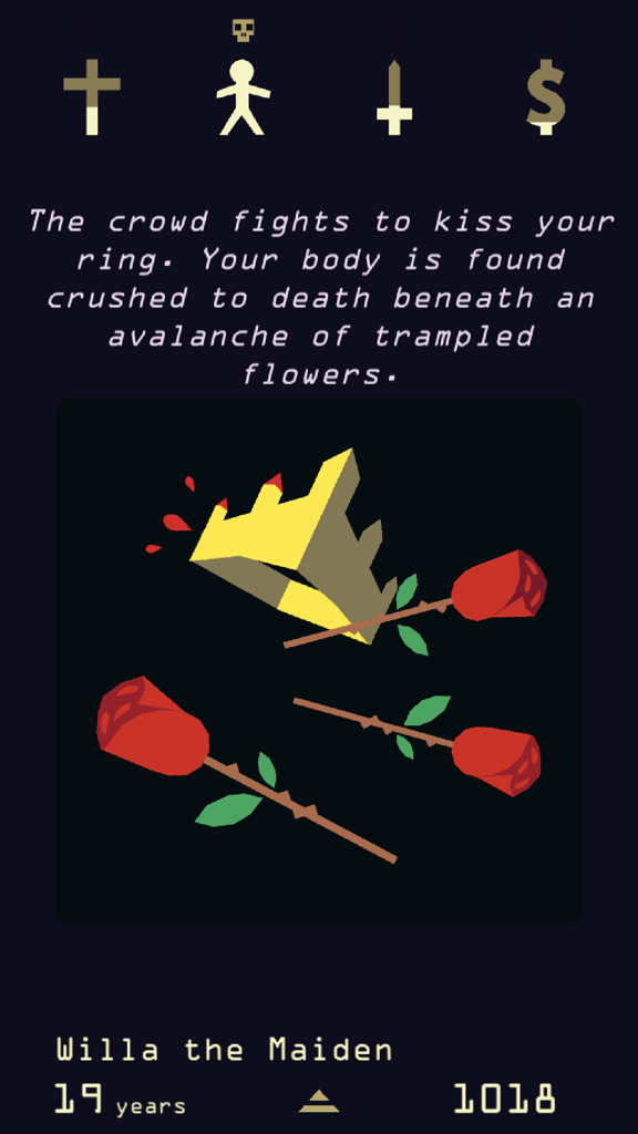 A game over screen in Reigns Her Majesty showing a crown and roses with text describing the queen's death by trampled flowers.