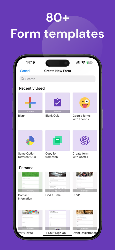Ein Bildschirm einer mobilen App, der verschiedene Google Formularvorlagen wie RSVP und Veranstaltungsregistrierung zeigt.