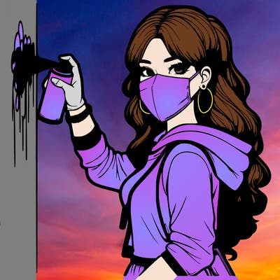 realistic girl with mask spray painting a wall