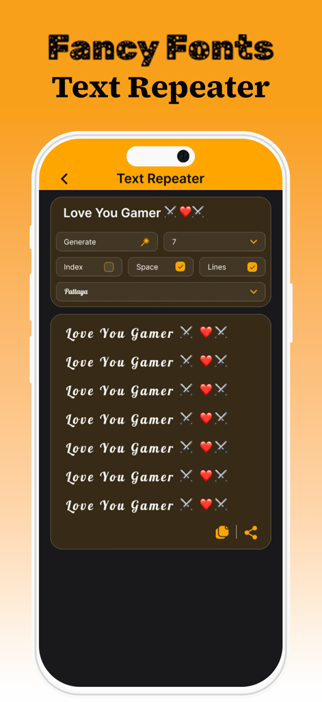 Nickname generator: Name Style - Mobile app screen showing the text repeater feature with fancy fonts and gamer emojis for social media and gaming.