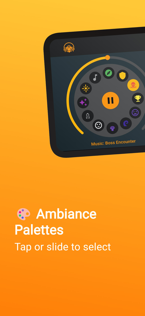 Circular ambiance selection wheel in the Audio Forge RPG soundboard app.