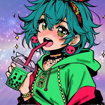 hot baddie anime girl drinking boba and biting the straw