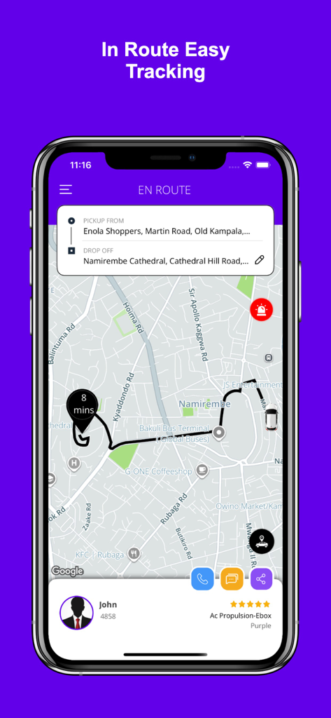 Lyf. - Interfaz de seguimiento de viaje en tiempo real en la app Lyf mostrando un conductor en un mapa en Kampala