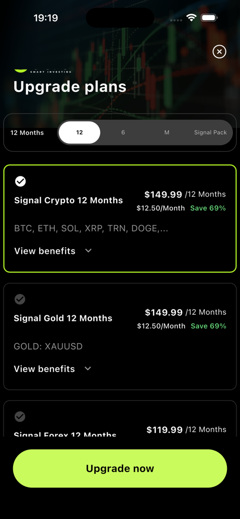 Ebila AI: Trading Signal - Ebila AI trading app interface showing subscription options for crypto gold and forex signals