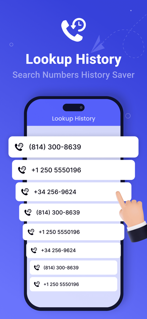 Um smartphone mostrando uma lista de números de telefone pesquisados recentemente no recurso de histórico de busca do aplicativo Busca Reversa.