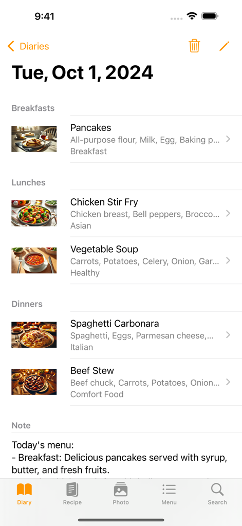 Cookle - Cookle app screenshot displaying a daily meal log with breakfast lunch and dinner entries