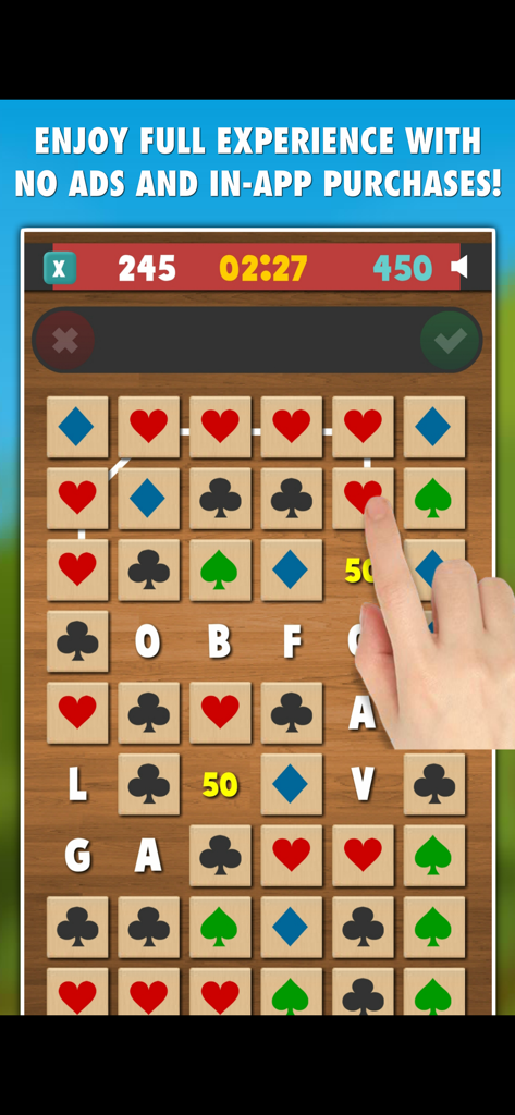 Word Crush PROのワードパズルゲームで、木製のボード上でシンボルを選択している手。