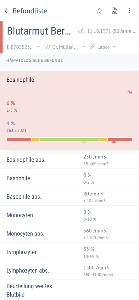 Labor Mustafa / Zentral Labor - Interfaz de la aplicación móvil que muestra los resultados de los análisis de sangre con rangos de valores y una barra de estado gráfica